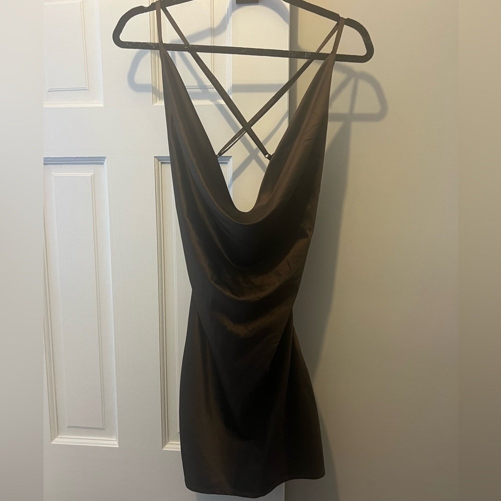 House of CB Backless Satin Mini Dress in Dark Brown